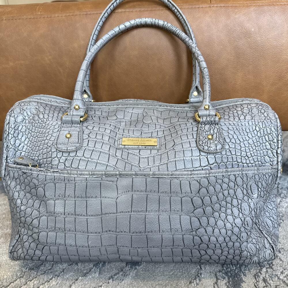 Vintage Etienne Aigner Gray Crocodile Embossed Duffel Bag Weekender